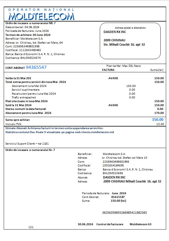 Moldova Moldtelecom business utility bill template in Word and PDF formats, fully editable